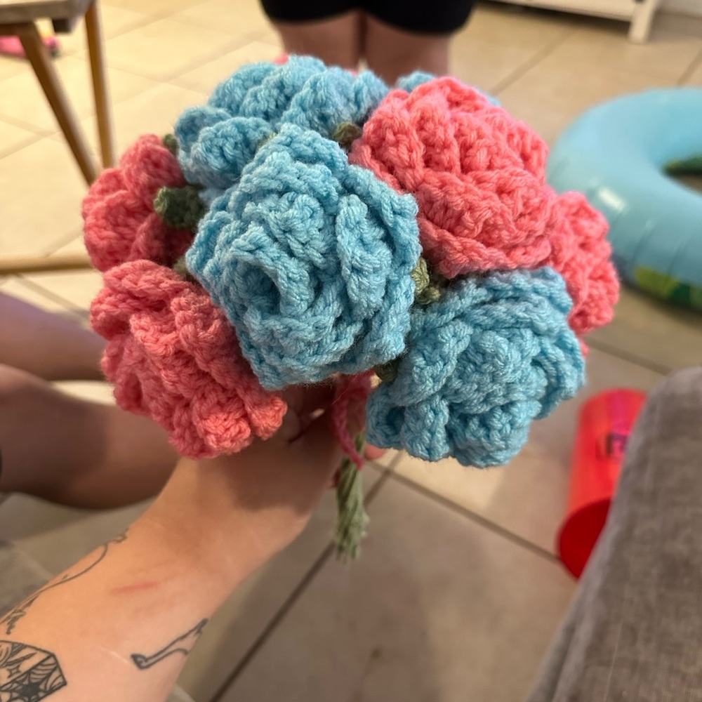 Handmade Pink and Blue Crochet Flower Bouquet